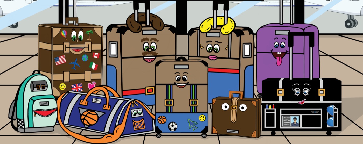 The full cast of living suitcases waiting together at the airport