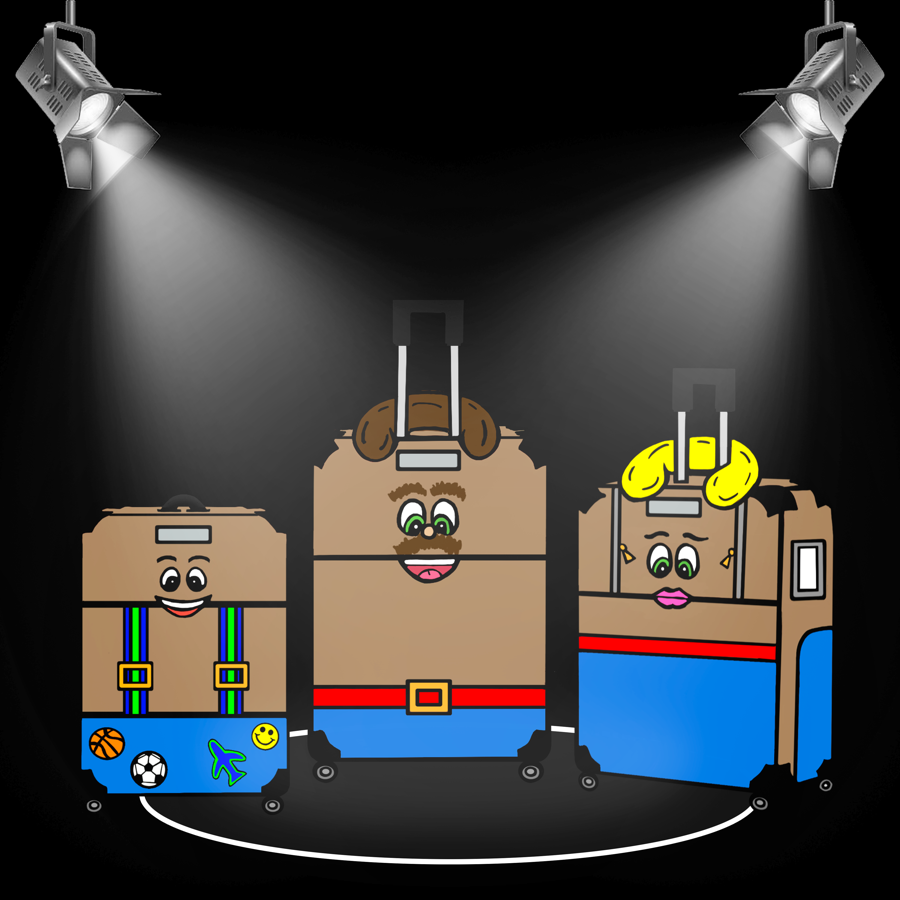 Scooter, Mom, and Dad, a family of three suitcases