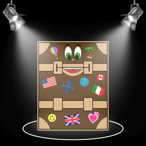Sam, a brown vintage trunk covered in travel stickers