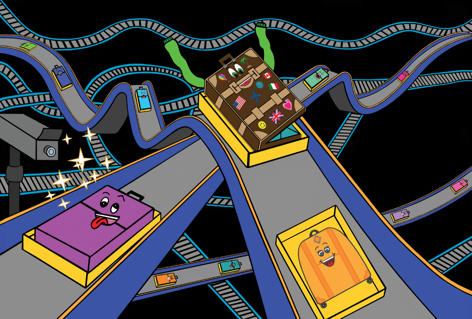 A suitcase with a face rides a conveyor belt through a colorful maze of luggage tracks